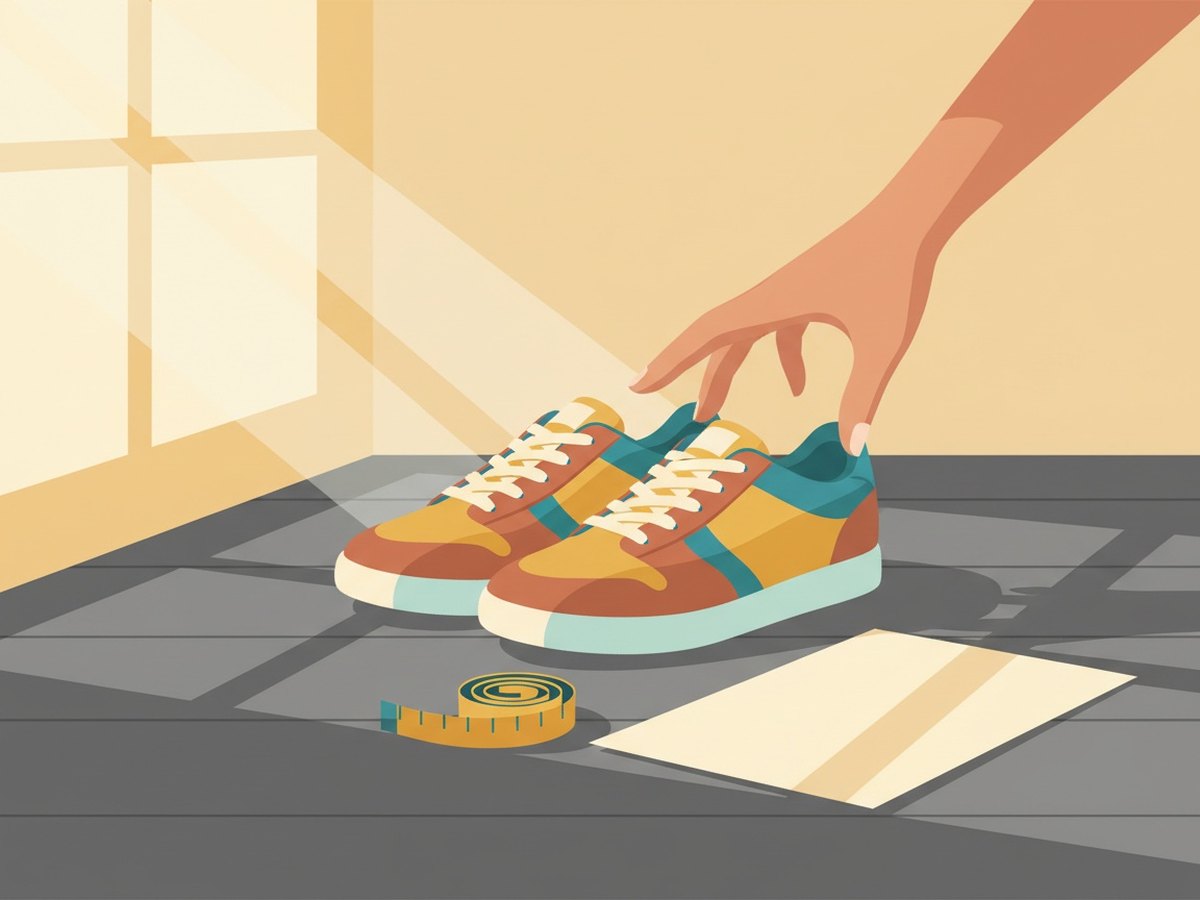 Paire de baskets femme à tige basse posée près d'un mètre ruban
