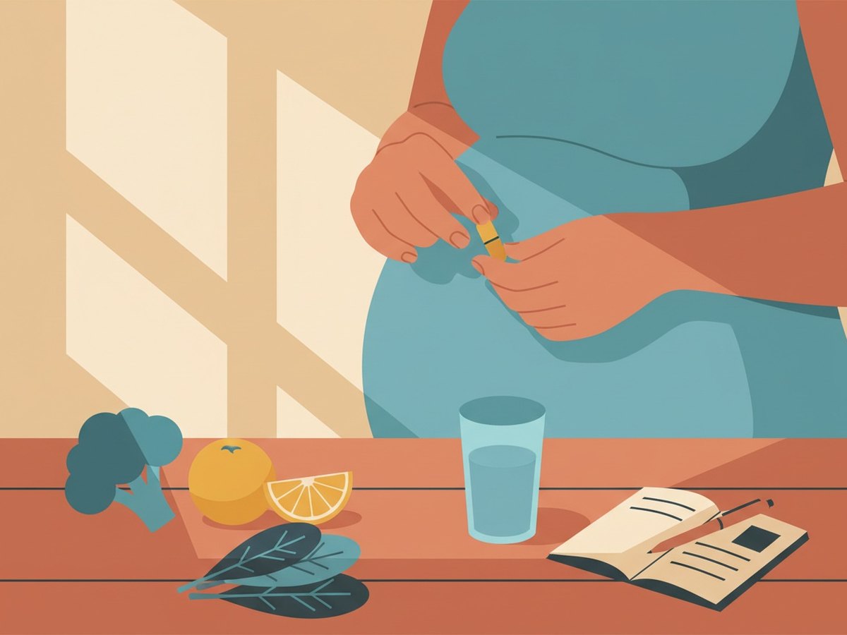Femme enceinte tenant un complément alimentaire au-dessus d'aliments frais