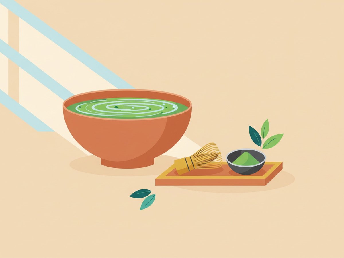 Bol de matcha mousseux avec fouet en bambou et poudre verte tamisée