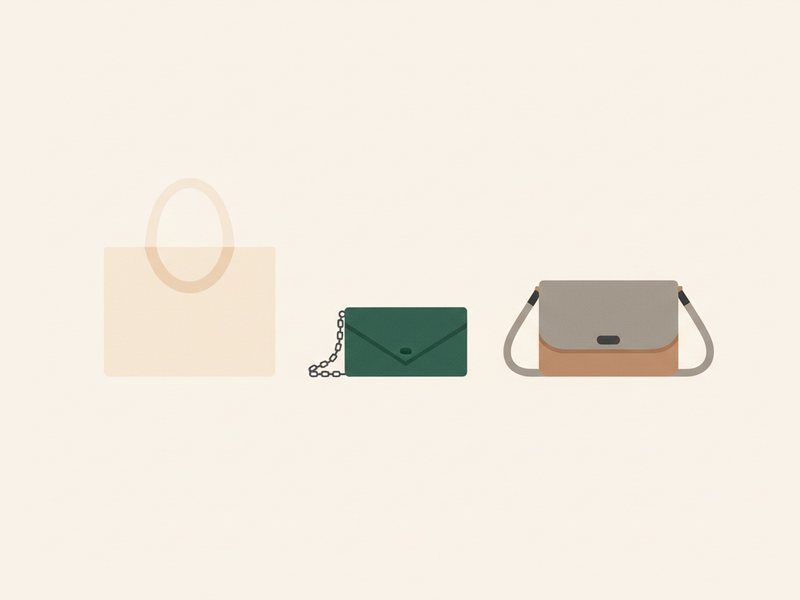 Illustration d'un tote bag, d'une pochette de soirée et d'un sac bandoulière