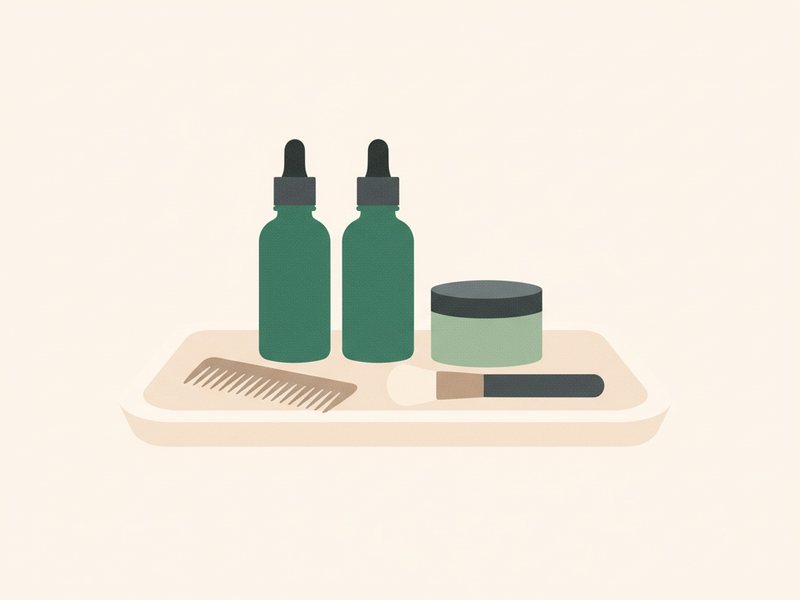 Illustration de flacons de sérum, d'un pot de crème, d'un pinceau et d'un peigne